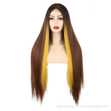 Black Synthetic Hair Wigs Natural Brown Blonde Mixed Long 32 Inch Straight Hair Heat Resistant Synthetic Lace Wigs Fashion Women
